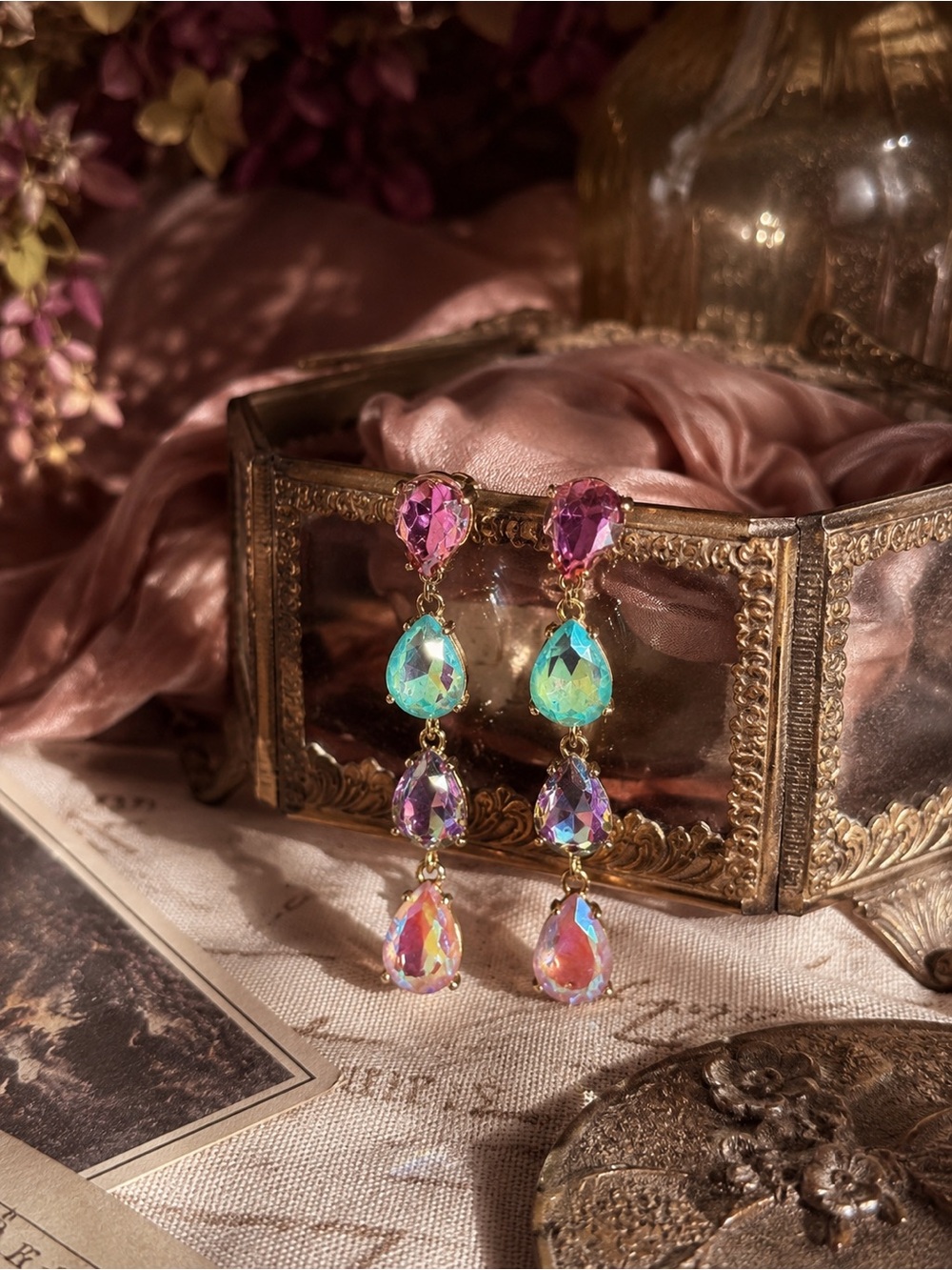 Pink panache Crystal Teardrop Dangle Earrings - Iridescent Pink & Aqua